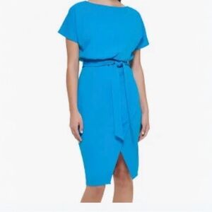 Kensie Short Sleeve Faux Wrap Midi Sheath Dress